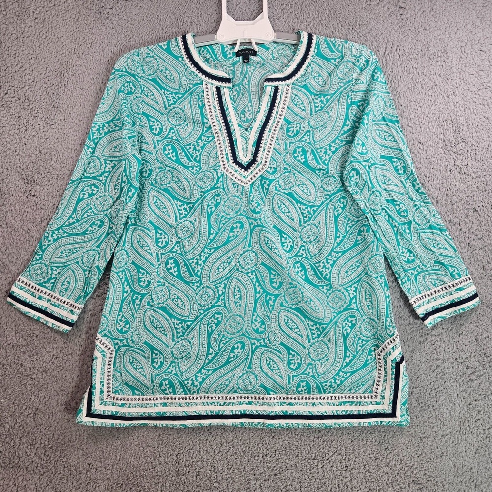 Talbots Tunic‎ Top Blouse Women Small Paisley Print Trim Green White - S